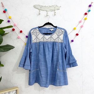 LOFT XL Blue Chambray Crochet Embroidered Ruffle Sleeve Blouse Top
